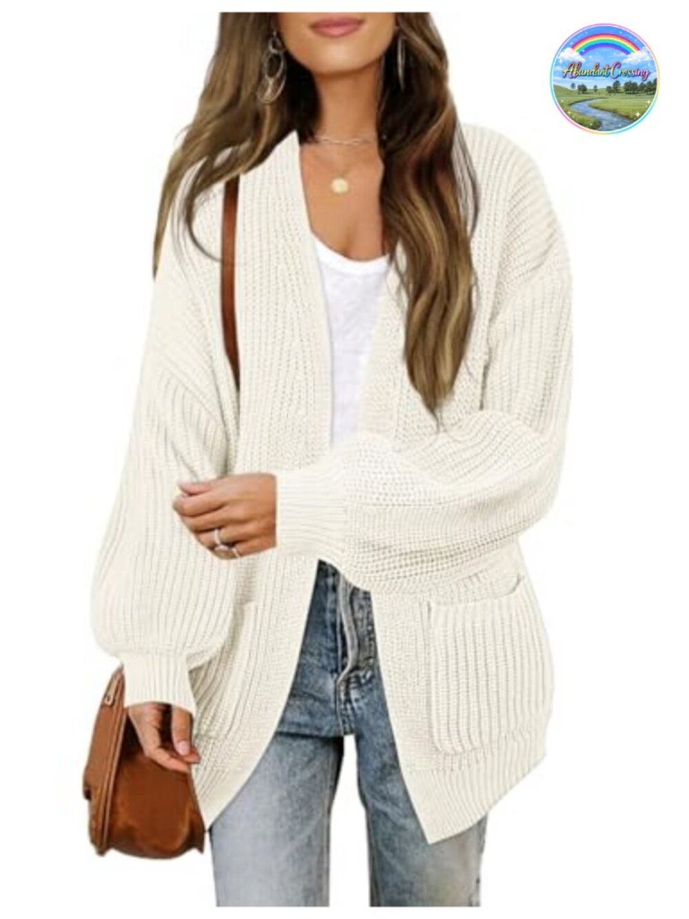 Oversized Lantern Sleeve Open Front Cardigan Sweater Loose Knit
